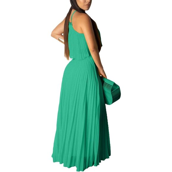 Women's Chiffon Two Piece Maxi Dress Set Sleeveless Crop Top Flowy Skirt - Picture 2 of 3